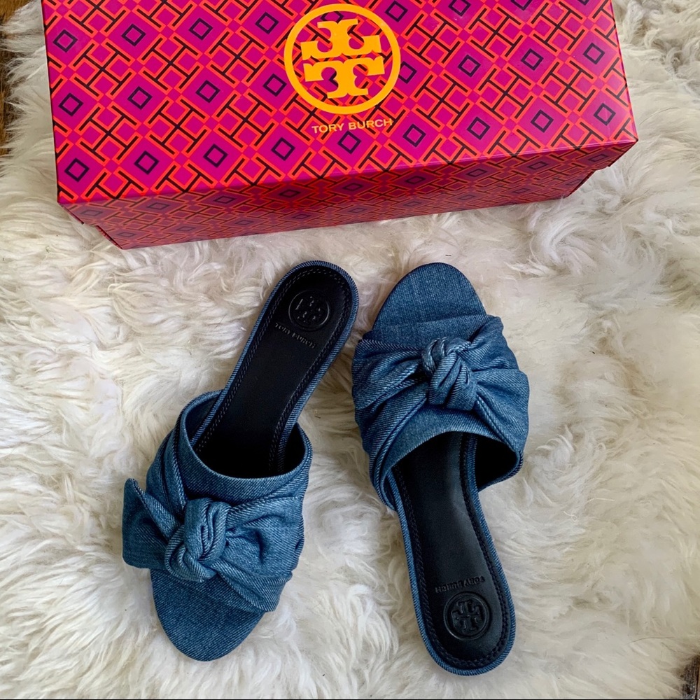 NIB TORY BURCH Annabelle Chambray Bow Slide Sandal - Picture 8 of 11
